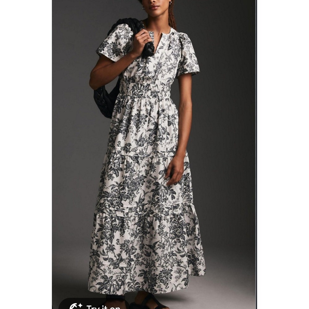 Anthropologie Somerset Maxi Dress White Black Floral Toile Boho Coquette Medium